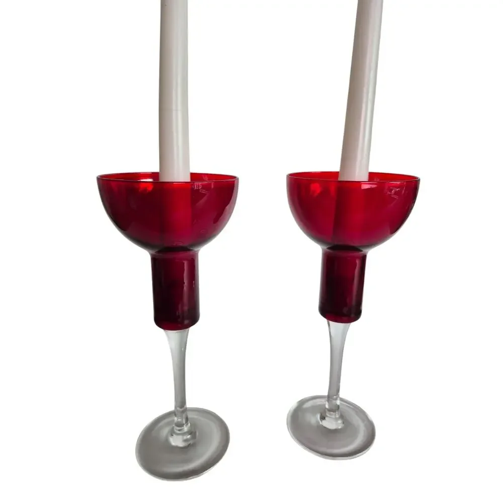 Vintage Red Cranberry Glass Candle Holders Tall Red Christmas Holiday Set of 2
